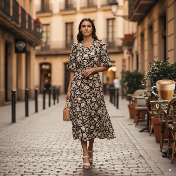 Moon River Dresses & Skirts - NWT Moon River Black Floral Print Puff Sleeve with Halter Midi Dress